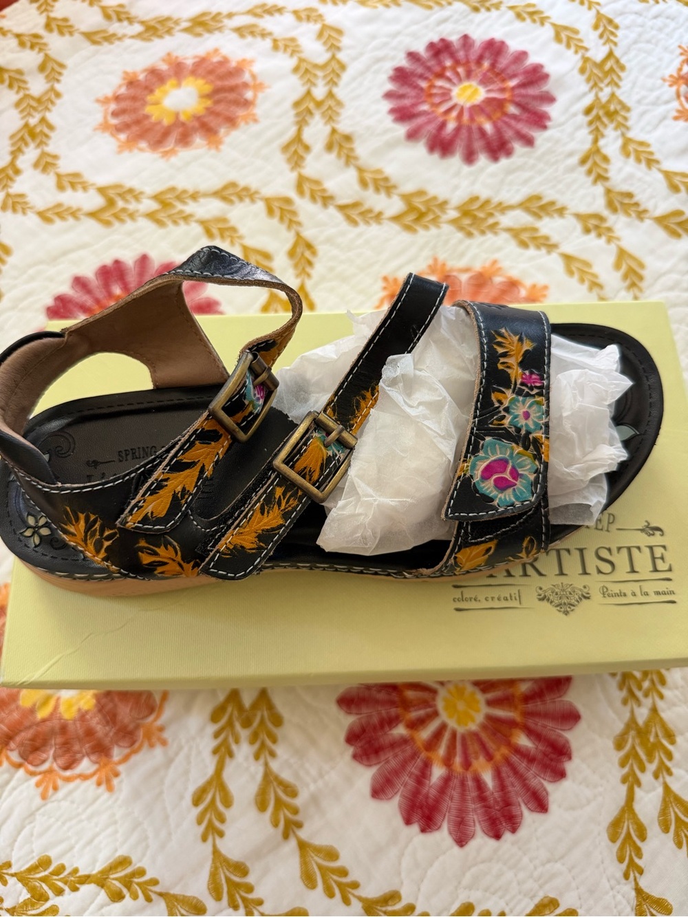 L'ATISTE Black Floral Painted Leather Buckle Sandals for Women